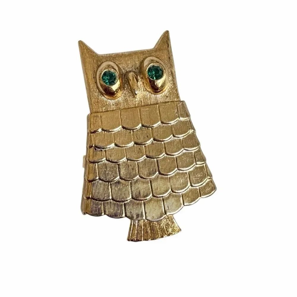 Vintage Avon Owl Perfume Locket Brooch Green Rhinestone Eyes Gold Tone